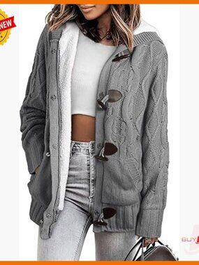Fleece Lined Hooded Cardigan Sweater with Pockets, Button Down Winter Coat